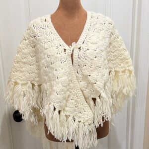 Vintage Ivory Crochet Shawl Fringe with Tie Front and Long V-shape Back